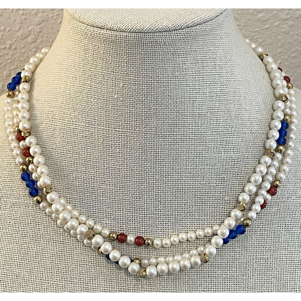 Set of Three Avon Faux Pearl Beaded Necklace Gold Blue Red